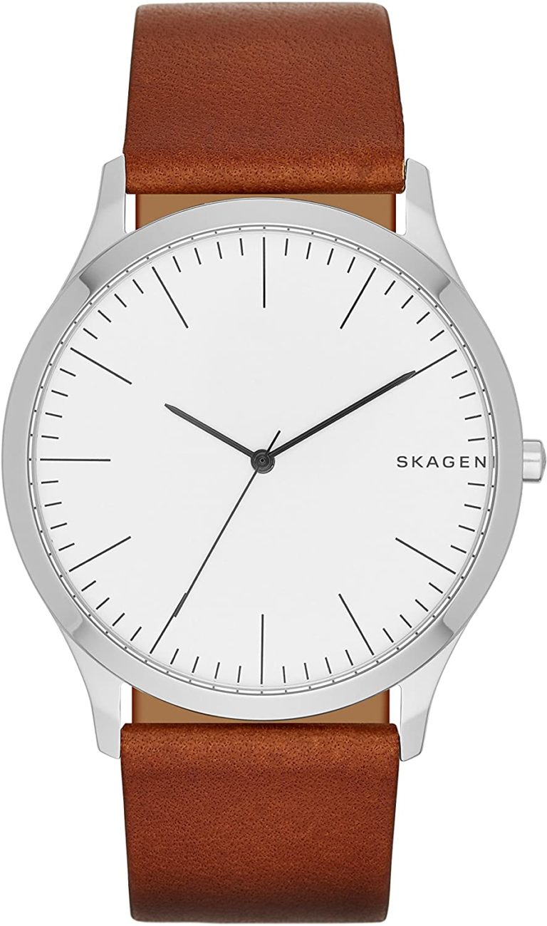 Montre Skagen pour homme avec bracelet en cuir marron, aiguilles noires, cadran blanc, SKW6331