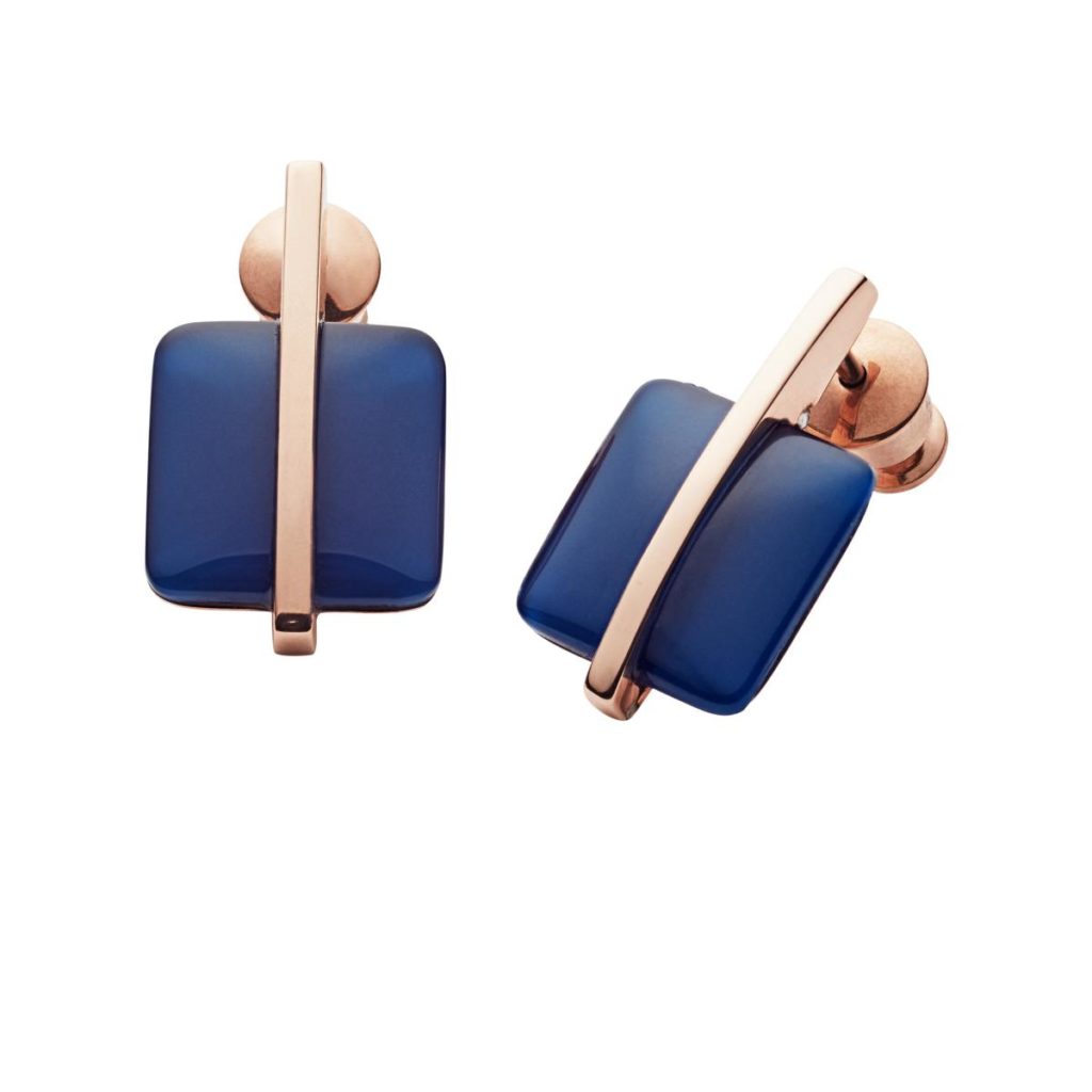Boucles d'oreilles pendantes Skagen en acier couleur rose gold et verre bleu SKJ1136791
