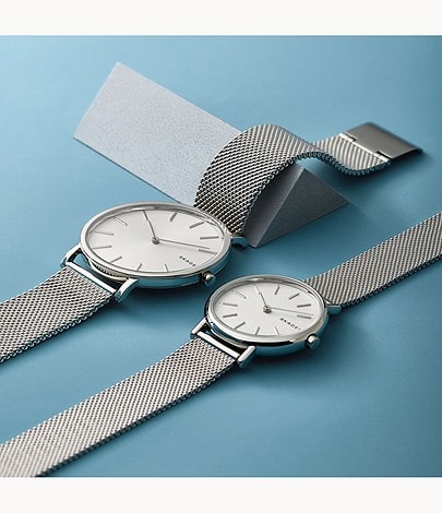 Montre Skagen Signatur Lille SKW2692 pour femme avec bracelet argenté en maille milanaise - Vue avec montre homme